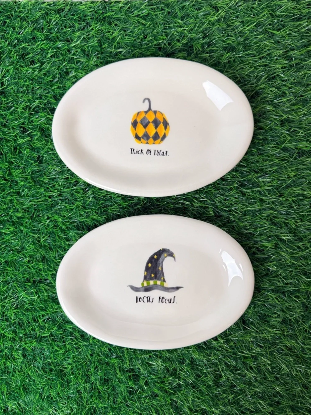 Rae Dunn “Hocus Pocus” & “Trick or Treat” 8” Oval Ceramic Serving Plates EUC